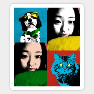 BEAUTIFUL FUNNY ASIAN GIRL, CAT AND DOG POP ART COLOR Sticker